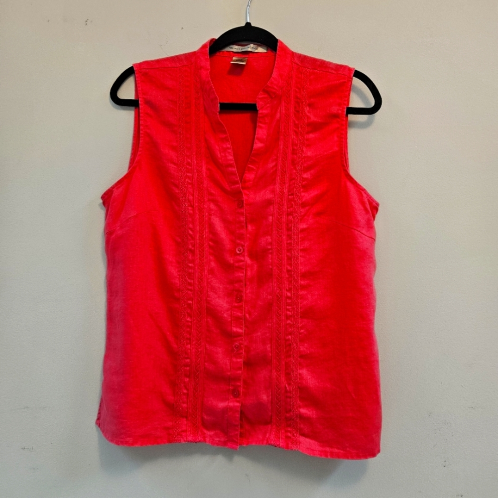 Ecologie Blouse Top Women's Size Large 100% Linen Coral Sleeveless Lagenlook